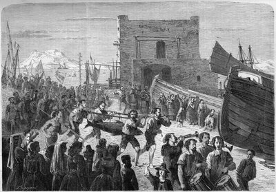 Palermitanische Fischer tragen triumphierend den ersten Thunfisch, der bei der Eröffnung der Fischerei gefangen wurde. Sizilien, Italien von French School