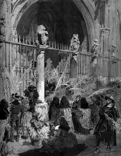 Palmsonntag in Spanien: Verkauf von gesegneten Palmen vor der Kathedrale von Toledo. Gravur von Virgo in „Die illustrierte Welt“ Nr. 1200 vom 27. März 1880. von French School