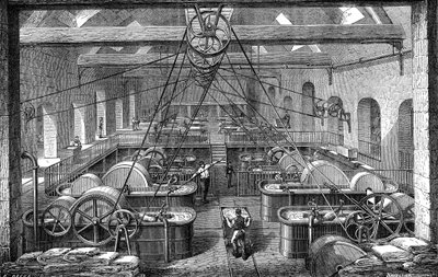 Papierindustrie: Werkstatt zur Veredelung und Bleichung von Papiermasse. Gravur 1867 von French School