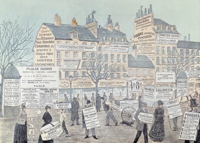 Pariser Straßenszene mit vielen Werbungen, hauptsächlich für Medikamente, 1885 von French School