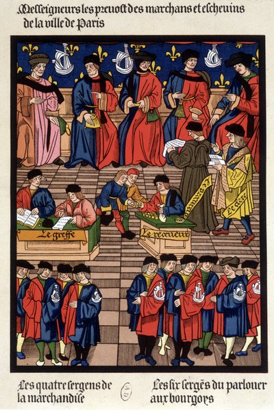 Pariser Handelsverkehr: die Prévôts der Kaufleute und Schöffen, der Transplantat, der Empfänger, der Staatsanwalt, der Schreiber, die Warensergeanten... - Faksimile einer Miniatur des Mittelalters von French School
