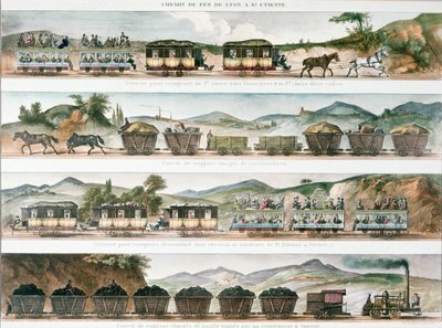 Passagiere und Fracht auf der ersten französischen Linie zwischen Lyon und St. Etienne, 1829 (Farblithografie) von French School