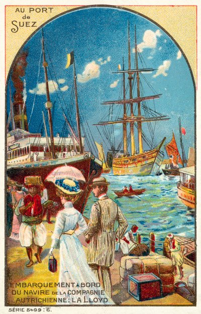 Passagiere, die ein Schiff der österreichischen Lloyd-Linie im Hafen von Suez, Ägypten, besteigen von French School