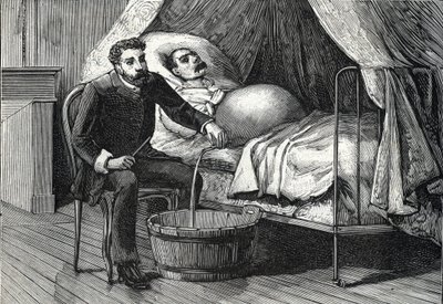 Patient mit fortgeschrittener Leberzirrhose, Arzt führt eine Punktion durch (Gravur) 1888 von French School