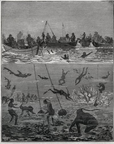 Perlenfischer in Ceylon (heutiges Sri Lanka) im 19. Jahrhundert. Gravur von 1885 in „Les arts et métiers illustrés“ von Adolphe Bitard. von French School