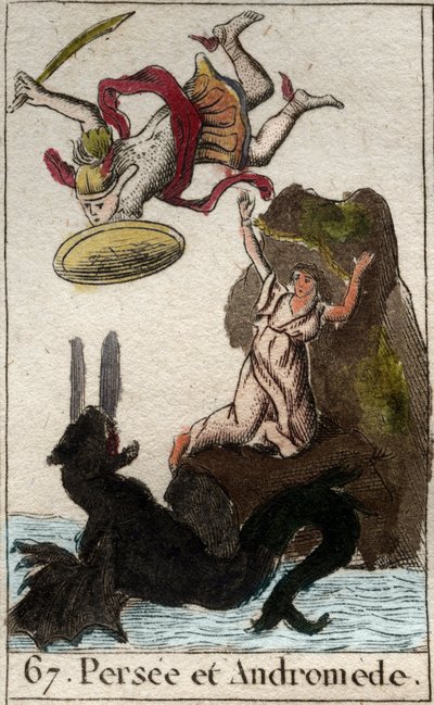 Darstellung von Perseus, der Andromeda rettet, die an einen Felsen gekettet ist. Aus „Mythologie der Jugend“ von Pierre Blanchard 1803 von French School