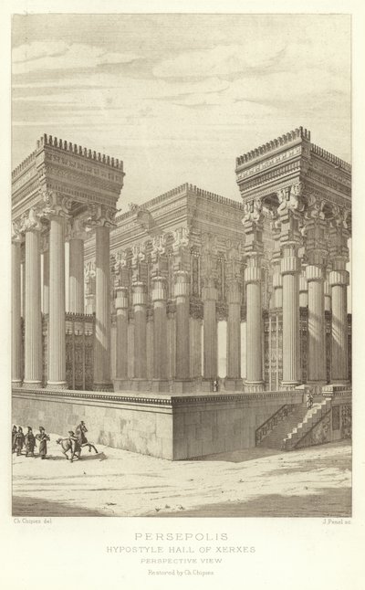 Persepolis, Hypostylhalle des Xerxes, Perspektivische Ansicht, restauriert von Ch. Chipiez von French School