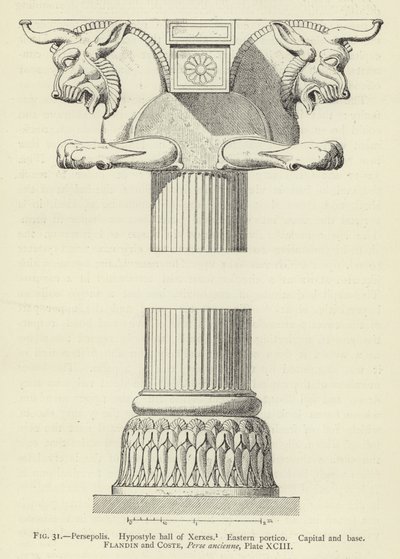 Persepolis, Hypostylhalle des Xerxes, Östliches Portikus, Kapitell und Basis von French School