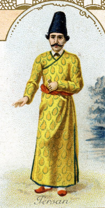 Persischer Mann. Ausgabe der Pariser Lithografie, Ende des 19. Jahrhunderts. Serie von 25 Werbechromos für die Dijon-Fabrik von Biscuits Pernot, gegründet 1869. (Detail) der Figuren in traditioneller Tracht von French School