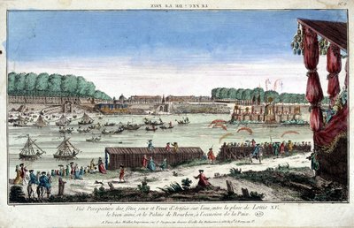 Perspektivische Ansicht von Festen, Spielen und Feuerwerk auf dem Wasser, zwischen Place Louis XV und Palais Bourbon, anlässlich des Friedens von French School
