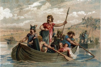 Pharamond überquerte den Rhein mit fränkischen Kriegern und wurde der erste Herzog der salischen Franken von 420 bis 428. Chromolithographie um 1890. von French School