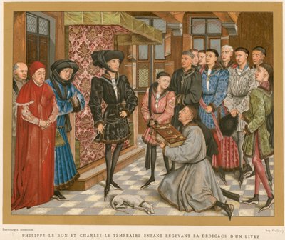 Philippe der Gute und Karl der Kühne empfangen die Widmung eines Buches von French School