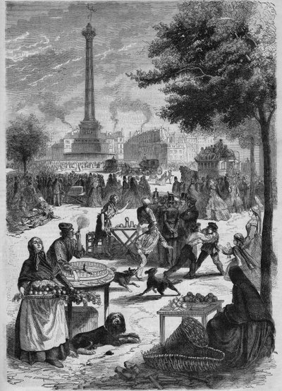 Place de la Bastille an einem Sonntag im September. Gravur nach einer Skizze von Pignard aus dem Jahr 1865. von French School