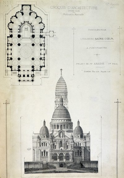 Plan und Aufriss des Heiligen Herzens, Projekt von Herrn Abadie, Ende 19. Jahrhundert von French School