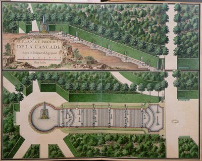 Plan des Wasserfalls im Hain von Agrippina, aus Gardens at Marly, frühes 18. Jahrhundert von French School