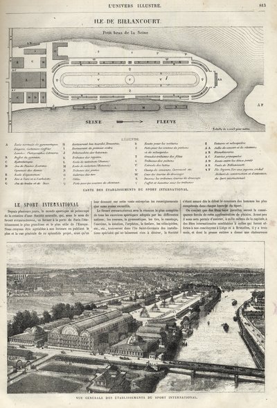 Plan der Einrichtung des Internationalen Sports, der 1869 auf der Insel Billancourt gebaut werden soll - Gesamtansicht der Einrichtungen des internationalen Sports auf der Insel Billancourt im Jahr 1869 von French School