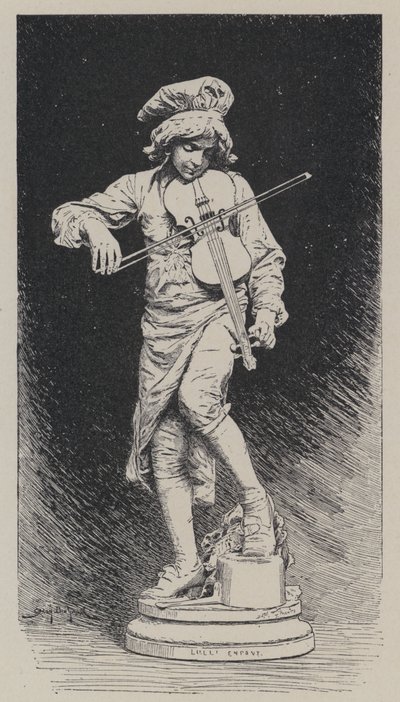 Gipsstatue von Adrien Gandez, die den in Italien geborenen französischen Komponisten Jean-Baptiste Lully als Kind darstellt (Stich) von French School