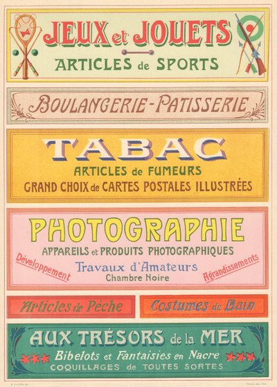 Tafel Nr. 20: Beschilderungsmodelle für Jugendstil-Schildermaler (Spiele und Spielzeug, Bäckerei-Konditorei, Tabak, Fotografie) von French School