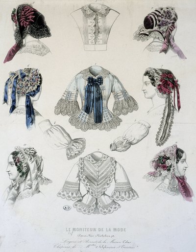 Tafel mit Tassen und Korsetts - in „Le Moniteur de la Mode“ von French School