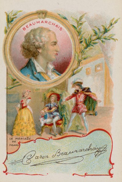 Dramatiker Pierre-Augustin Caron de Beaumarchais mit einer Szene aus der Hochzeit des Figaro von French School