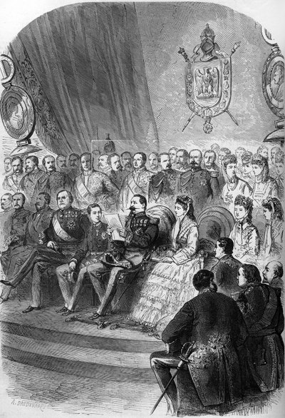 Plebiszit von 1870: Präsentation der offiziellen Erklärung der Ergebnisse an Napoleon III. (1808-1883). Anwesend sind auch die Kaiserin Eugenie de Montijo (1826-1920), ihr Sohn Prinz Imperial (1856-1879), die Prinzessinnen Mathilde Bonaparte (1820-1904) un von French School