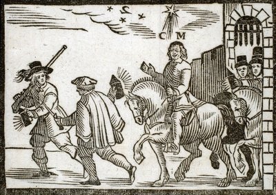 Politische Flugschrift Mazarinade: Mazarin flieht aus Paris zu Pferd, mitten in der Nacht, begleitet von zwei Dienern mit Laternen. Holzschnitt 1651 von French School