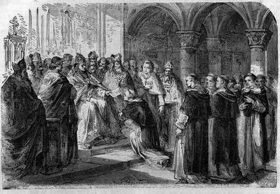 Papst Adrian II. übergibt einem seiner Legaten eine Exkommunikationsbulle gegen Lord Normand. Gravur in „Histoire des Papes-Rois-Reines und Kaiser durch die Jahrhunderte“ von Maurice Lachatre von French School