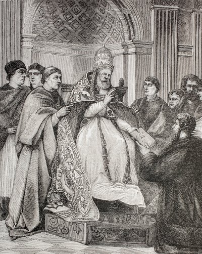 Papst Gregor IX. übergibt die Dekretalen einem Anwalt des Konsistoriums, aus 