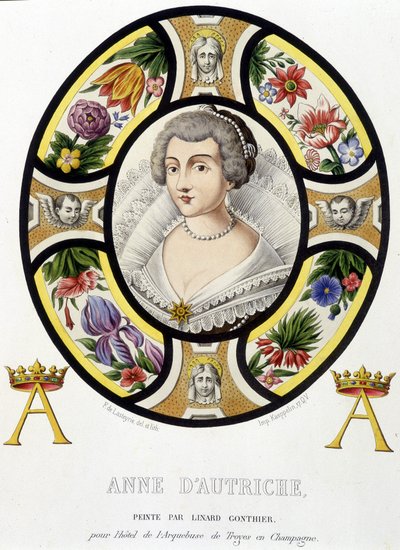 Porträt von Anna von Österreich, Königin von Frankreich (1601-1666). Faksimile eines mittelalterlichen Glasfensters in „Histoire de la peinture sur verre“ von Ferdinand de Lasteyrie von French School