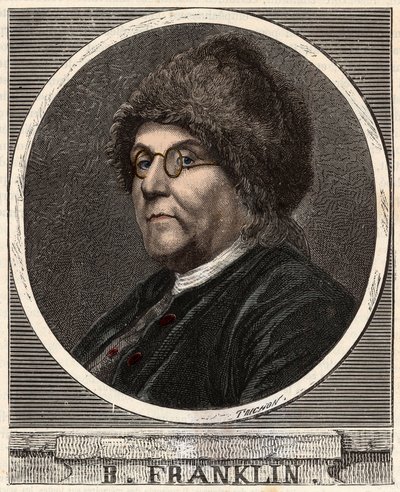 Porträt von Benjamin Franklin (1706-1790), amerikanischer Drucker, Verleger, Wissenschaftler, Erfinder, Staatsmann und Diplomat - Gravur in „Wissenschaften für jedermann - Physik und Chemie“ von Alexis Clerc - Ende des 19. Jahrhunderts - Private Sammlung von French School