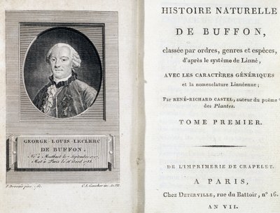 Porträt von Buffon und die Titelseite von „Naturgeschichte von Buffon“ von French School