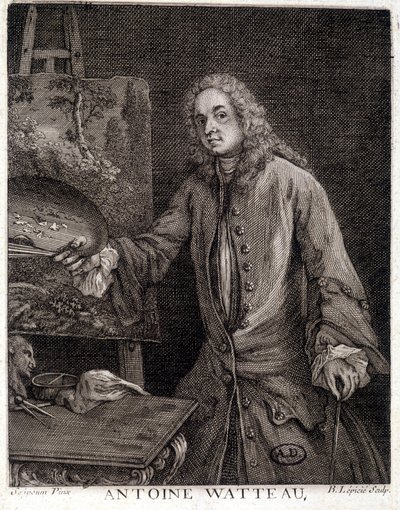 Porträt von Jean Antoine Watteau (1684-1721), französischer Maler - Gravur von French School