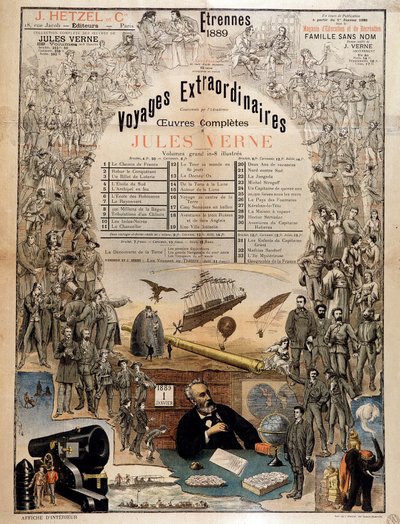 Porträt von Jules Verne und Szenen seiner Werke - Werbeplakat für seine Gesamtwerke von French School