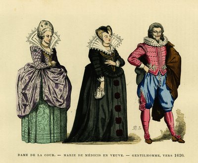Porträt von Marie de Medici (1573-1642), Königin von Frankreich, in Witwentracht, umgeben von einer Hofdame und einem Edelmann, um 1620. Farbgravur in „Frankreich und die Franzosen durch die Jahrhunderte“ von Augustin Challamel, F. Roy Herausgeber, Paris 1 von French School