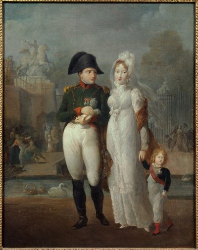 Porträt von Napoleon I. (1769-1821) und Marie Louise mit ihrem Sohn, König von Rom Napoleon II., Herzog von Reichstadt im Tuileriengarten von French School