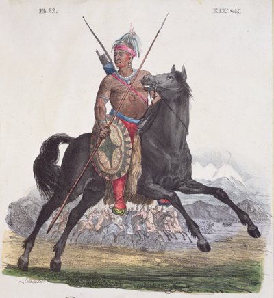 Porträt eines Apache-Häuptlings aus der Region Rio Colorado in Kalifornien, Platte 22 aus einer Serie von Costumes Mexicains, um 1825 von French School