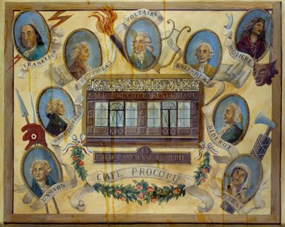 Porträt historischer Persönlichkeiten und Ansicht des Pariser Cafés Le Procope: Benjamin Franklin, Jean Jacques Rousseau, Voltaire, Jean D