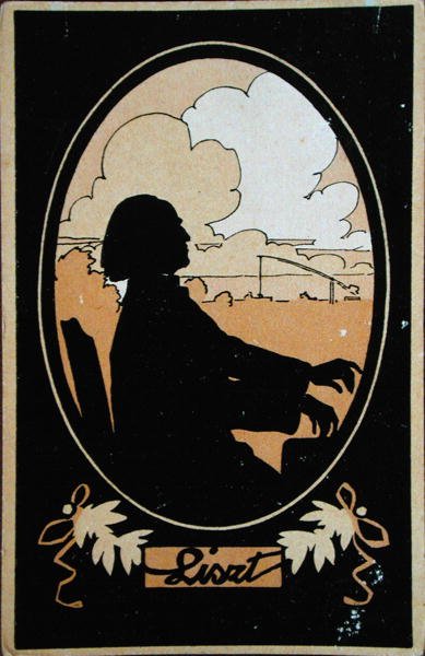 Postkarte von Franz Liszt (1811-86) mit der ungarischen Landschaft im Hintergrund, ca. 1910 (Farblithografie) von French School