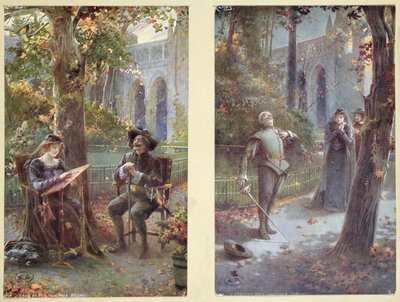 Postkarten darstellend Cyrano de Bergerac mit Roxanne, ca. 1900 von French School