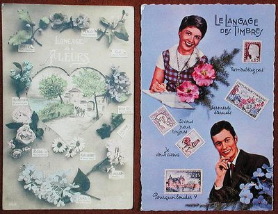 Postkarten, die die Sprache der Blumen darstellen, ca. 1913 und der Briefmarken, ca. 1963 von French School
