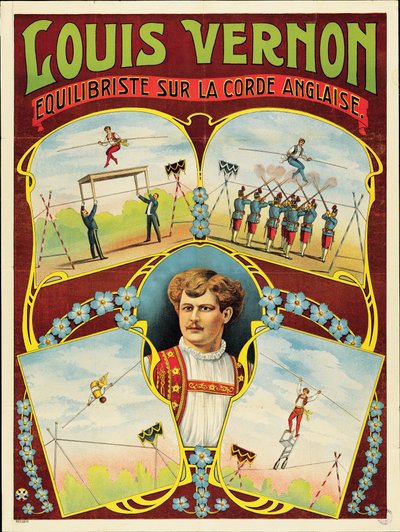 Plakat, das Seiltanzvorführungen von Louis Vernon bewirbt von French School