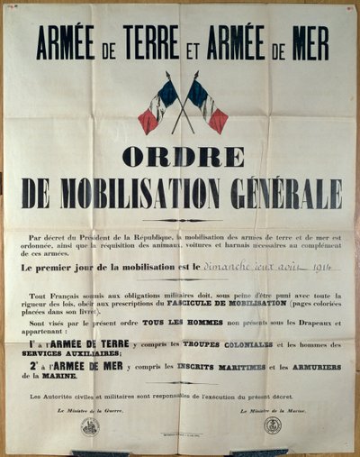 Plakat zur Generalmobilmachung in Frankreich, 2. August 1914, vom Ministerium für Krieg und Marine von French School