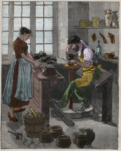 Töpferei: Töpfer, der eine Vase auf der Drehscheibe formt. Frankreich. von French School
