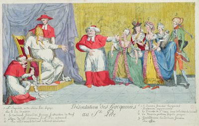 Vorstellung der Stuten an den Heiligen Vater, Karikatur der Einführung von Adelaide (1732-1800) und Victoire de France (1733-99) beim Papst, 17. April 1791 von French School