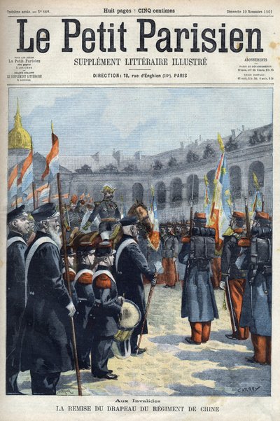 Übergabe der Fahne des China-Regiments durch General Faure-Biguet an General Arnoux, Gouverneur der Invalides in Paris, in „Le Petit Parisien“ 1901 (Gravur) von French School