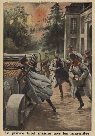 Prinz Eitel Friedrich von Preußen, zweiter Sohn von Kaiser Wilhelm II. von Deutschland, flieht in Panik, als sein Hauptquartier im Château de Temple-la Fosse während der Schlacht an der Somme unter französischen Artilleriebeschuss gerät, Erster Weltkrieg von French School