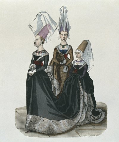 Prinzessin und Hofdamen im Jahr 1470, graviert von Gautier von French School