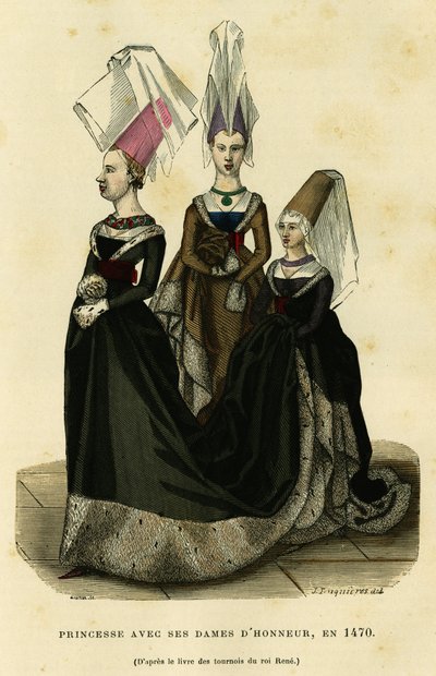 Prinzessin mit ihren Ehrendamen, um 1470. Farbstich nach dem Buch der Turniere des Königs René, in „Frankreich und die Franzosen durch die Jahrhunderte“ von Augustin Challamel, F. Roy Herausgeber, Paris 1882. Selva Sammlung. von French School