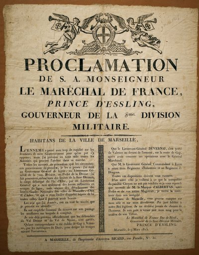 Proklamation an die Einwohner der Stadt Marseille, datiert 9. März von French School