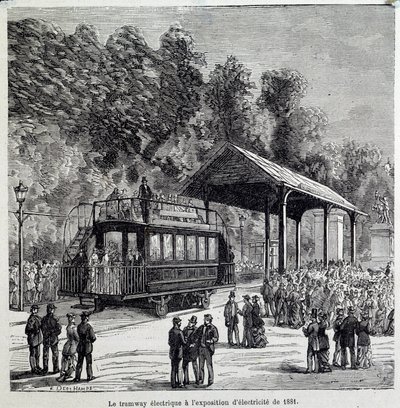 Fortschritte im Transport: die elektrische Straßenbahn, ausgestellt auf der Elektrizitätsausstellung 1881. Gravur des 19. Jahrhunderts von French School